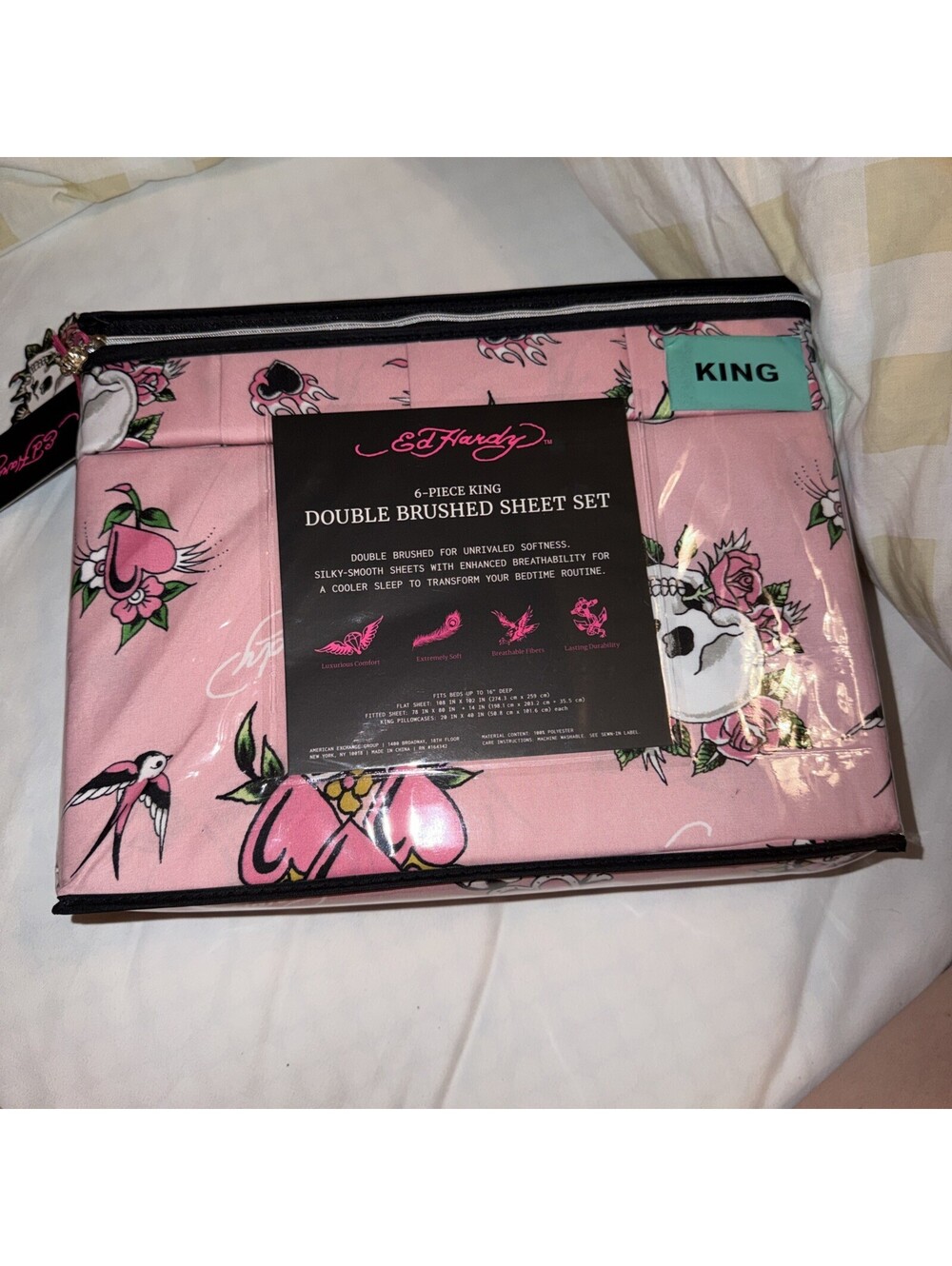 ED HARDY King Pink Sheet Set 6pc New Flowers Skull Roses Heart Grunge Y2K